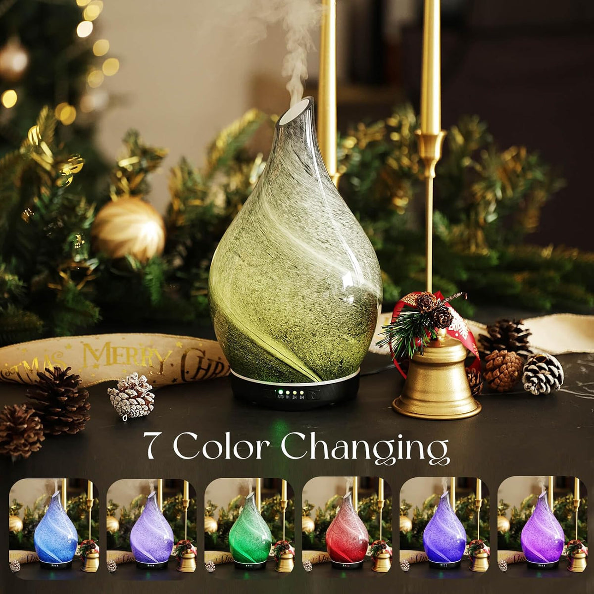 Porseme Essential Oil Diffuser 280ml Handmade Glass Diffuser 7H Runtime | Elegant Handmade Glass Aroma Diffuser with 7-color LEDs, Quiet Aromatherapy and Safe Auto Shut-off, Perfect for Gifts