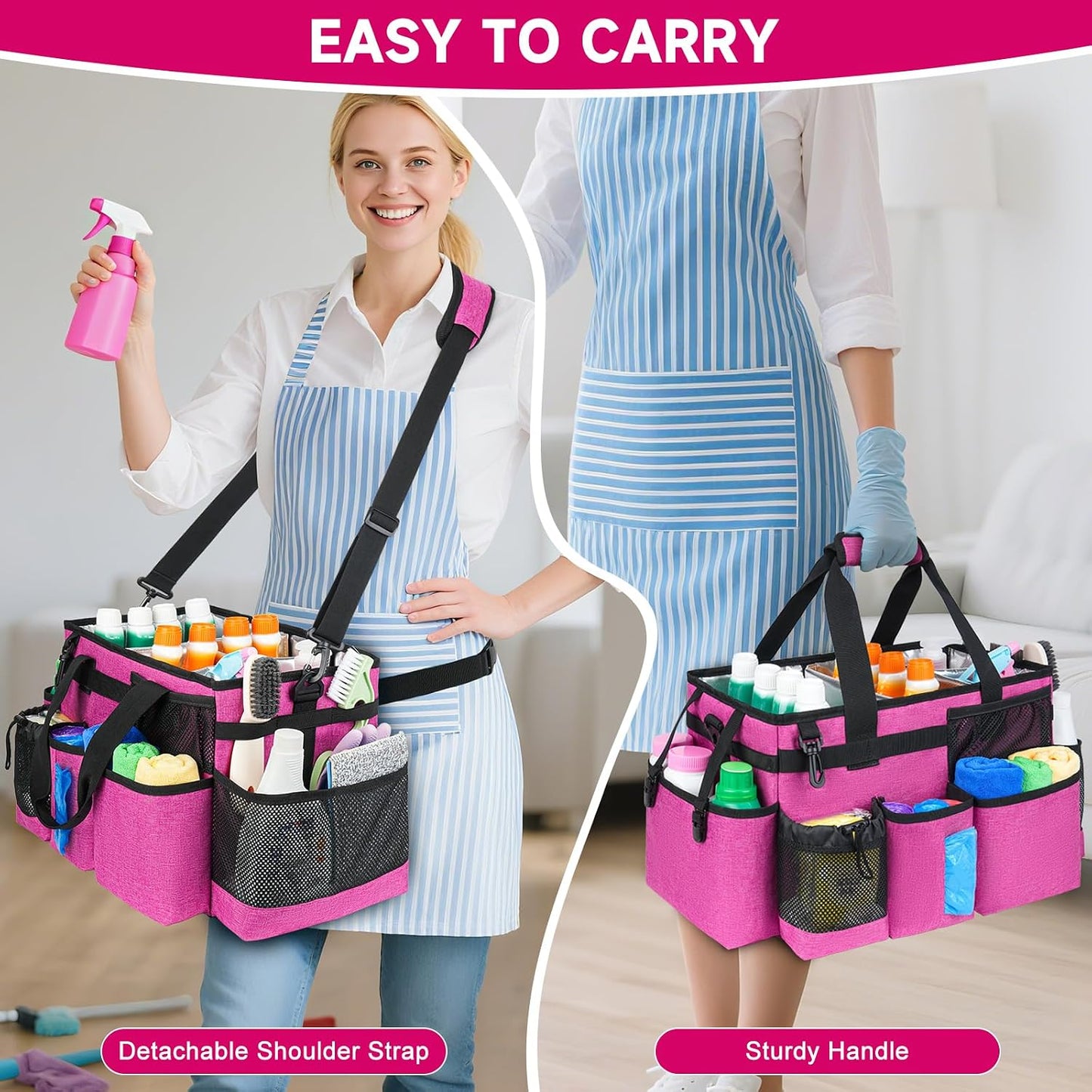 Cleaning Caddy Bag, Extra Large Cleaning Supply Bag for Housekeepers,Black | Sturdy Cleaning Caddy Organizer for Cleaning Supplies with Handle and Adjustable Shouder Strap, Easy to Clean Design