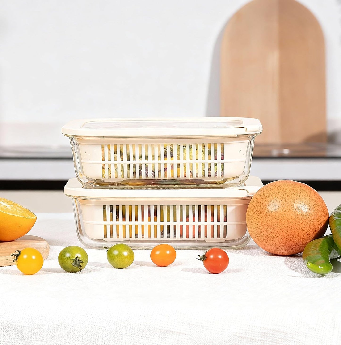 Glass Food Storage Containers with Glass Lids, Microwave Safe Food Container Set, Aitight Meal Prep Container Set, BPA Free, 2 extra Colanders, LeakProof, 2 Pack of 60oz