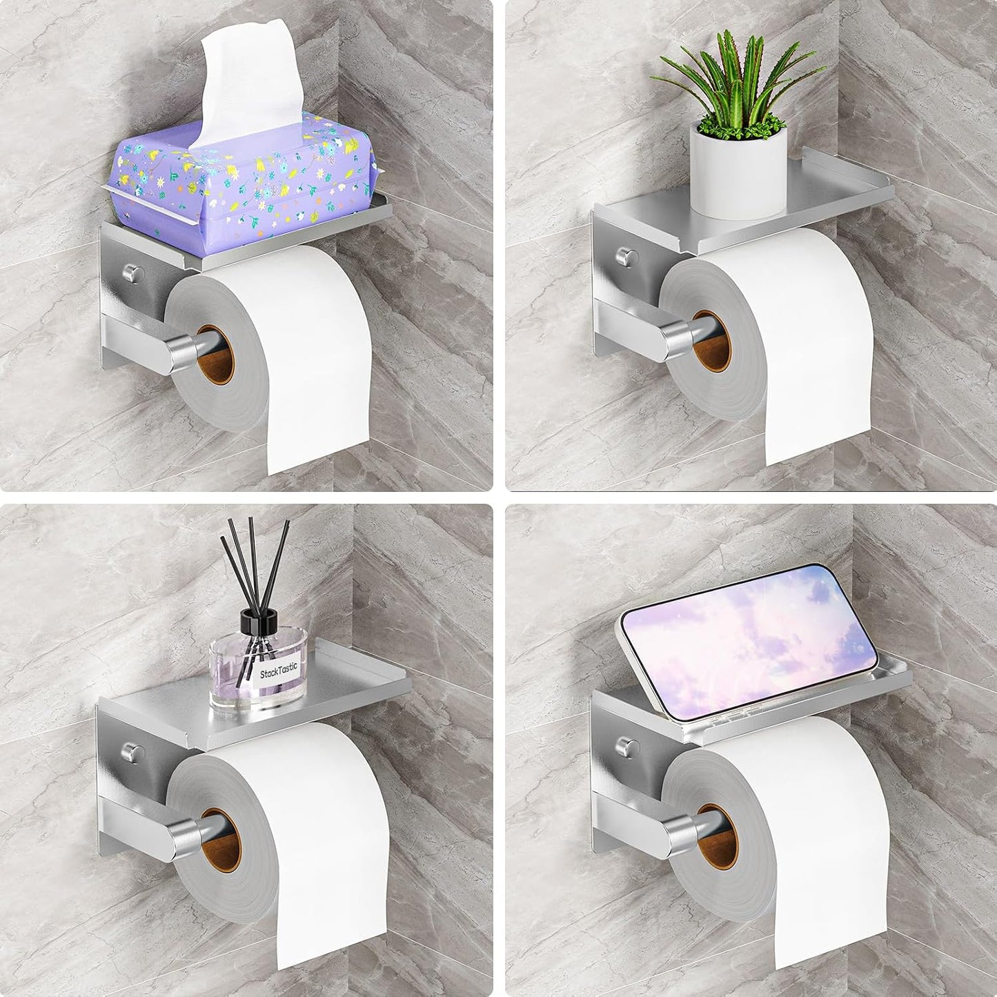 Toilet Paper Holder with Phone Storage Shelf, Matte Black | Wall Mount for Bathroom, No Drill Adhesive or Screw Mount, Rustproof Metal, Fits Mega Rolls