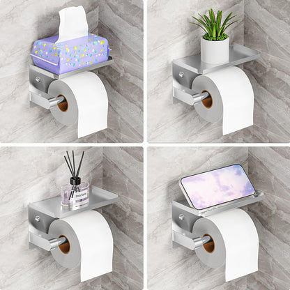 Toilet Paper Holder with Phone Storage Shelf, Matte Black | Wall Mount for Bathroom, No Drill Adhesive or Screw Mount, Rustproof Metal, Fits Mega Rolls