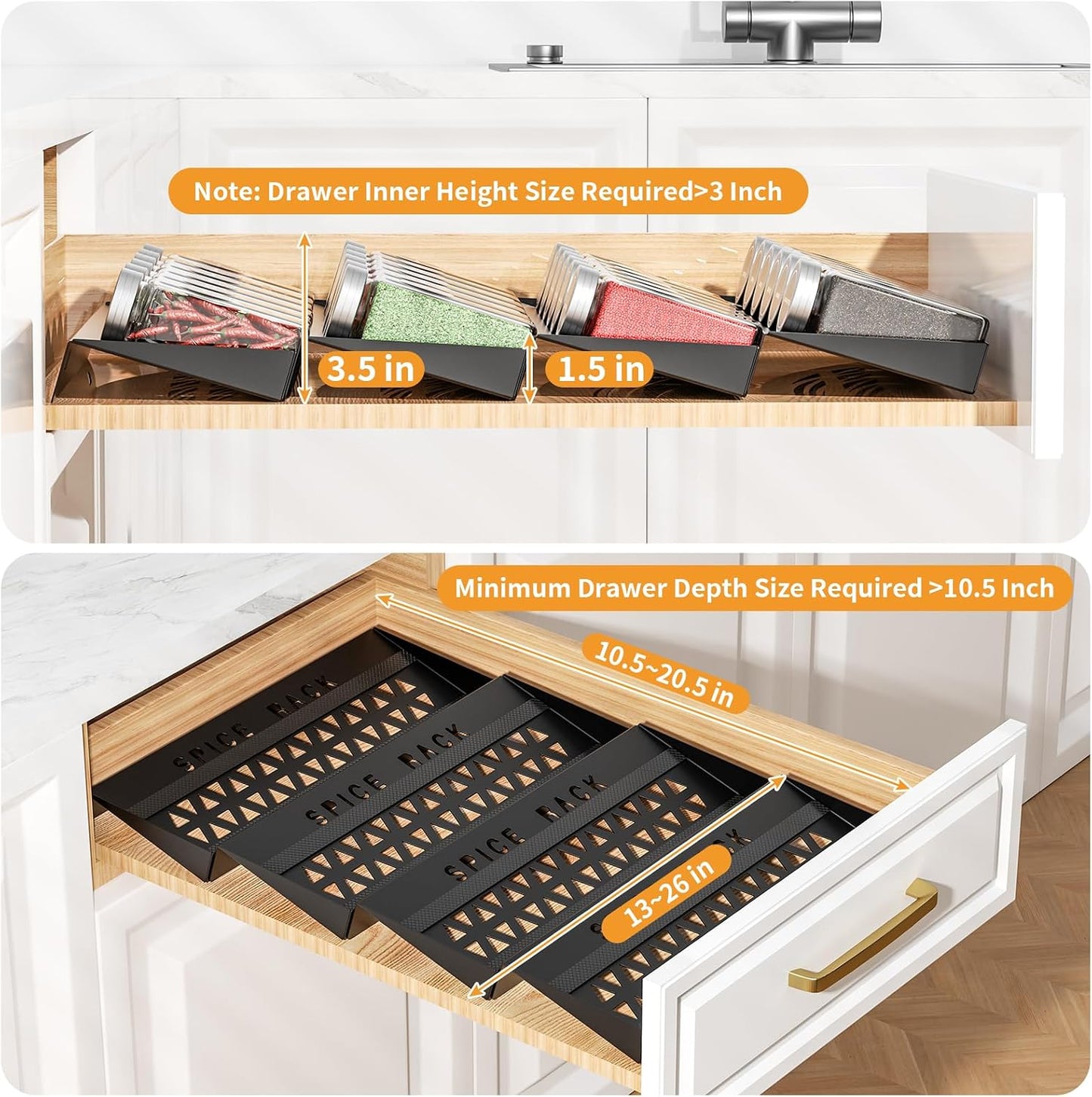 RCHYFEED 4 Pack Spice Drawer Organizer (Need 3.5" Deep Drawer) | Non-Slip Drawer Spice Rack Free Combination, Adjustable Spice Rack Drawer Insert, Spice Organization for Drawer