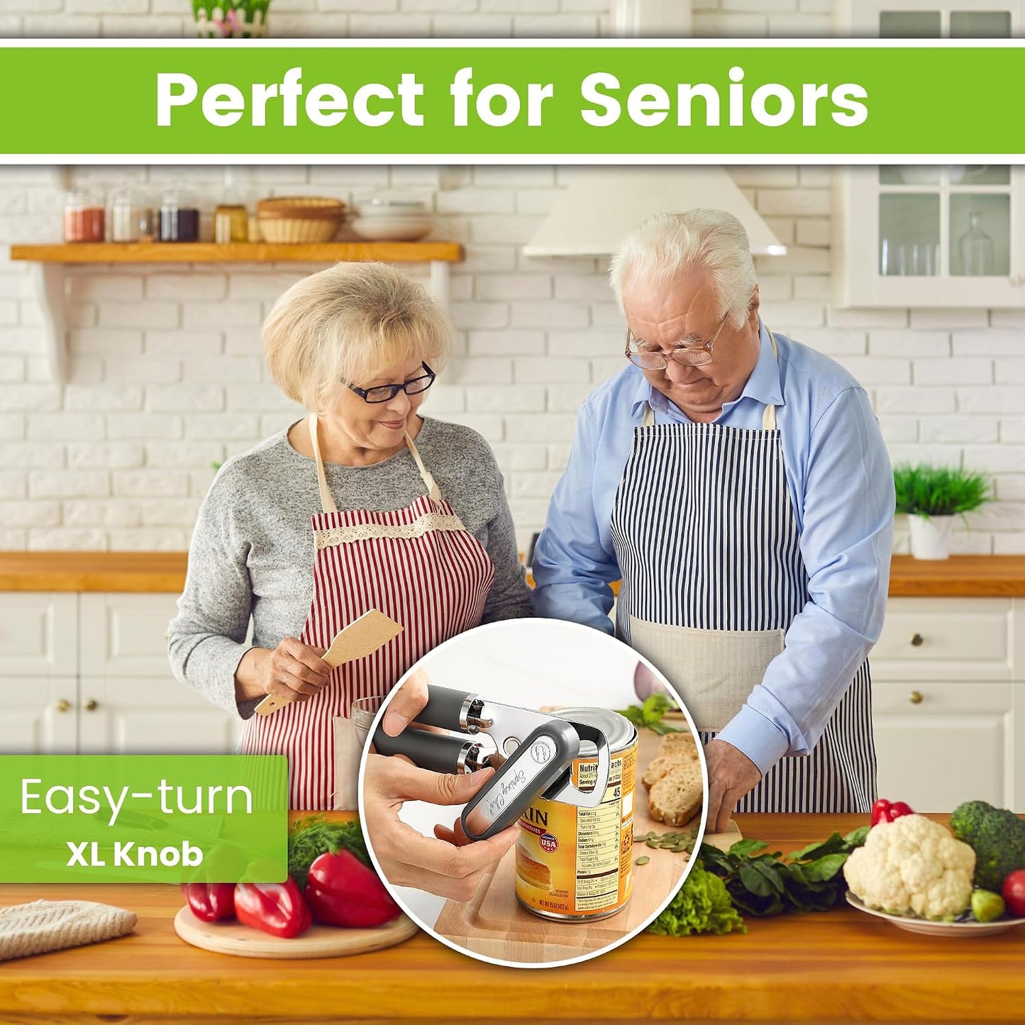 Spring Chef Stainless Steel Manual Can Opener with Soft Grip Handles, Black | Heavy Duty Hand Can Opener for Seniors with Smooth Edge, Easy Turn, 3in1 Can Opener with Magnetic Lid Remover & Bottle Opener