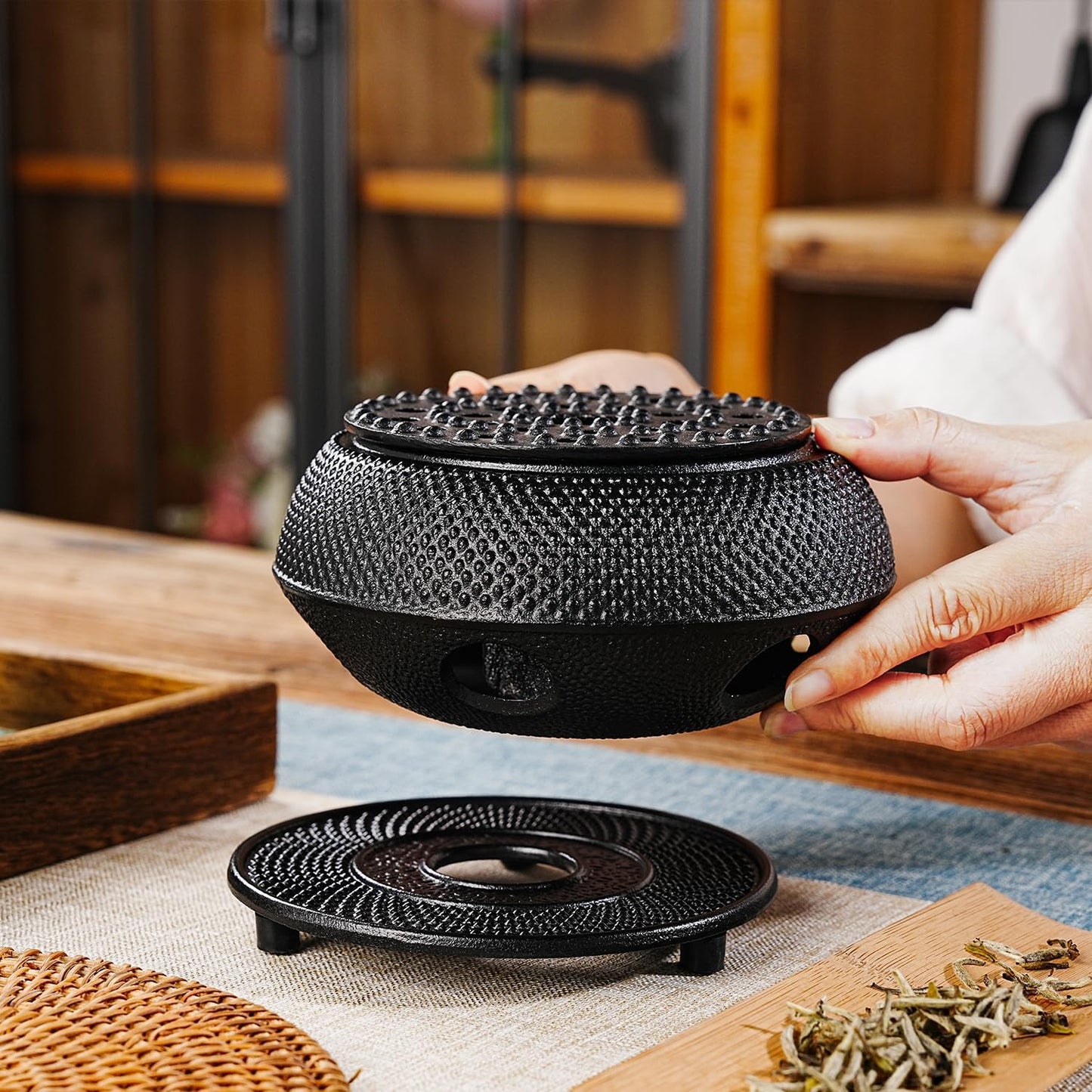 Sungmor Black Cast Iron Teapot Warmer - Base with Candle Holder | Heat Retaining Stand for Tetsubin or Glass & Ceramic Teapots