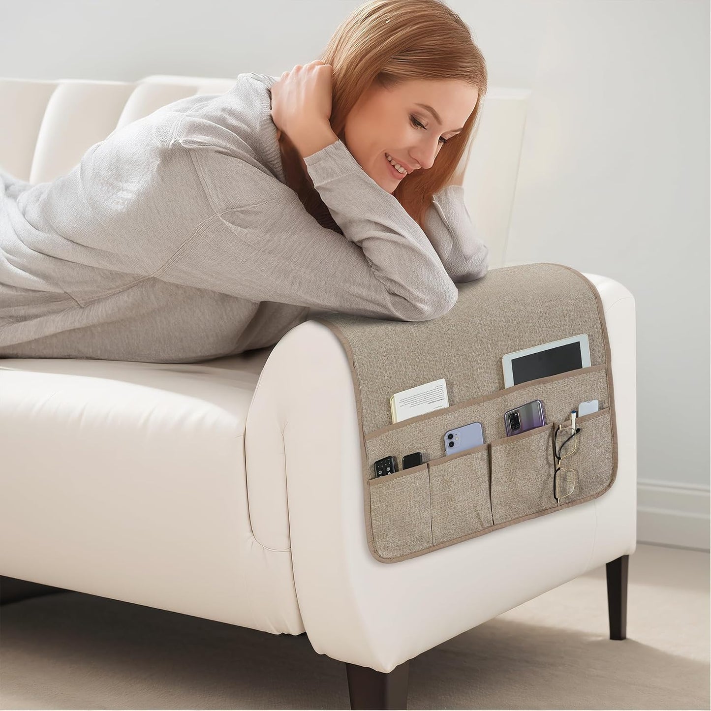 Armchair Caddy for Couch Remote Control Holder with 4 Pockets, Grey 1 Pack | Non-slip, Waterproof, Sofa Armset Organizer, Couch Chair Armrest Storage for TV Remote Control Phone Book Magazine 35"x13"