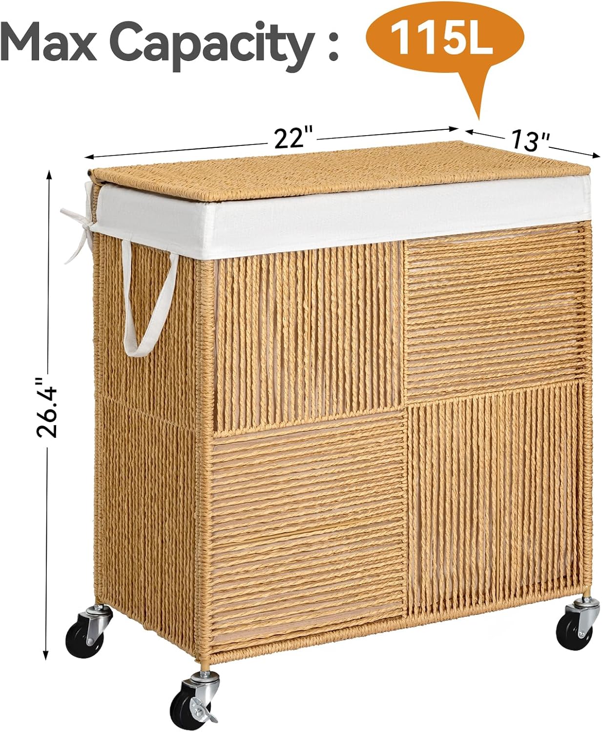 WOWLIVE Double Laundry Hamper with Wheels, Handwoven Rolling Laundry Basket | 115L Dirty Clothes Hamper with Lid, Removable Liner Bag, Large Capacity Laundry Sorter Laundry Room Organization, Green