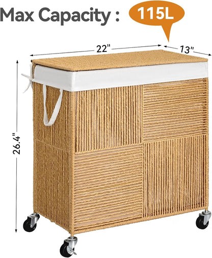 WOWLIVE Double Laundry Hamper with Wheels, Handwoven Rolling Laundry Basket | 115L Dirty Clothes Hamper with Lid, Removable Liner Bag, Large Capacity Laundry Sorter Laundry Room Organization, Green