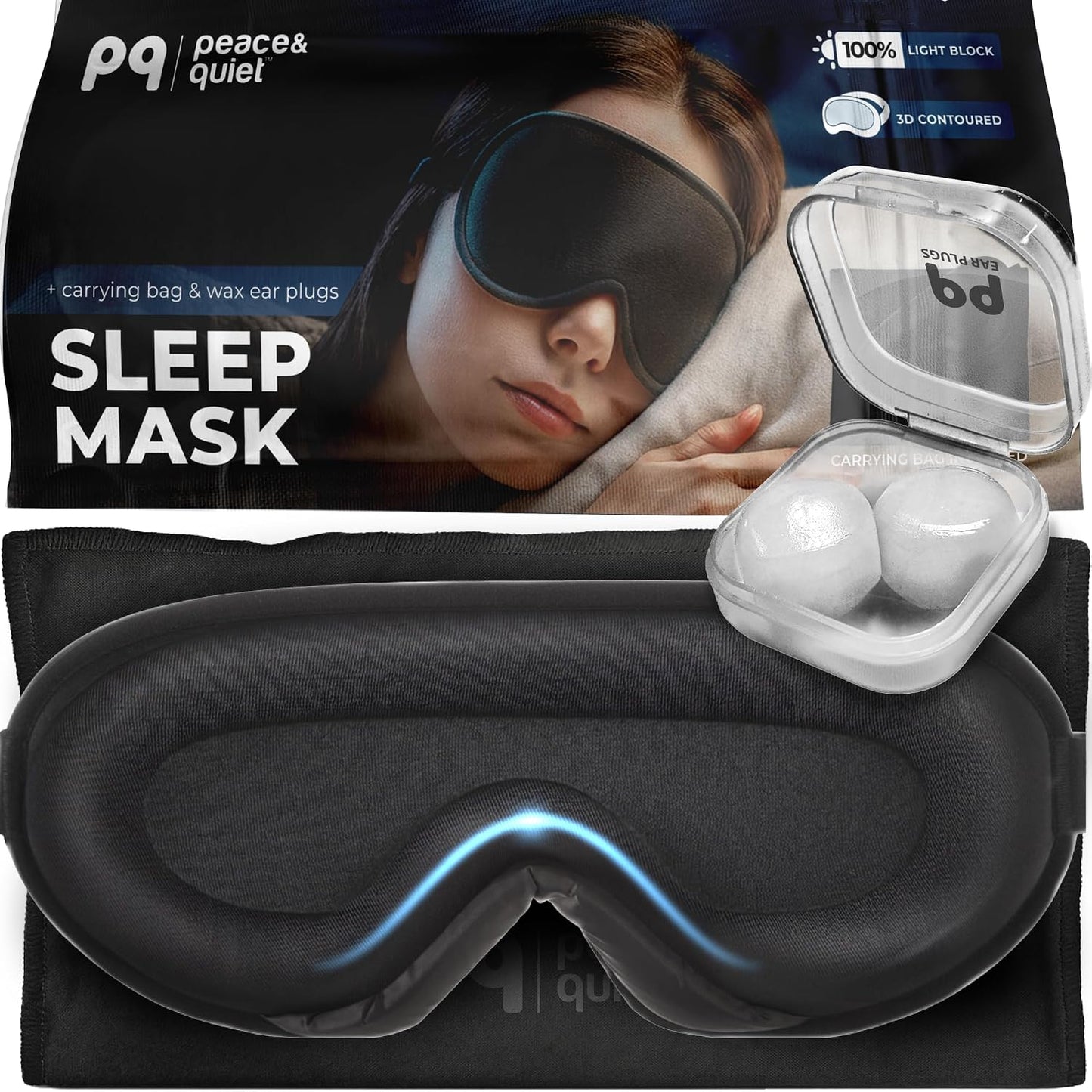 Peace&Quiet | PQ Sleep Mask for Side Sleepers - 3D Contoured Light Blocking Sleeping Mask for Women and Men, Lightweight & Soft Eye Shade Cover for Deep Rest, Premium Quality (Black)
