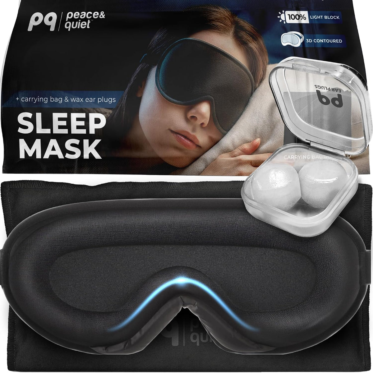 Peace&Quiet | PQ Sleep Mask for Side Sleepers - 3D Contoured Light Blocking Sleeping Mask for Women and Men, Lightweight & Soft Eye Shade Cover for Deep Rest, Premium Quality (Black)