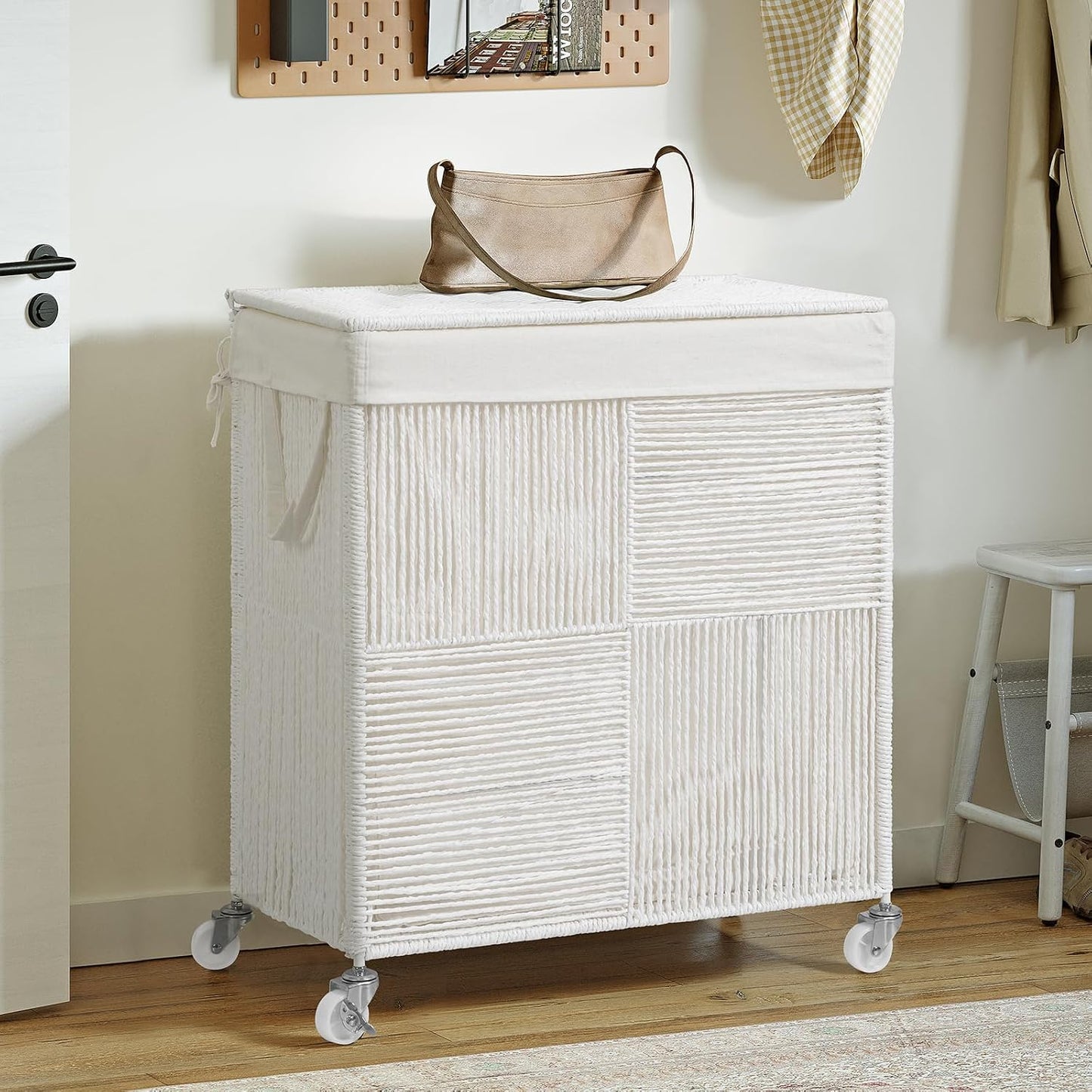 WOWLIVE Double Laundry Hamper with Wheels, Handwoven Rolling Laundry Basket | 115L Dirty Clothes Hamper with Lid, Removable Liner Bag, Large Capacity Laundry Sorter Laundry Room Organization, Green