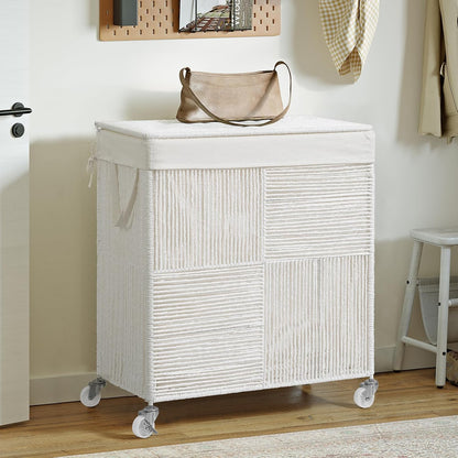 WOWLIVE Double Laundry Hamper with Wheels, Handwoven Rolling Laundry Basket | 115L Dirty Clothes Hamper with Lid, Removable Liner Bag, Large Capacity Laundry Sorter Laundry Room Organization, Green