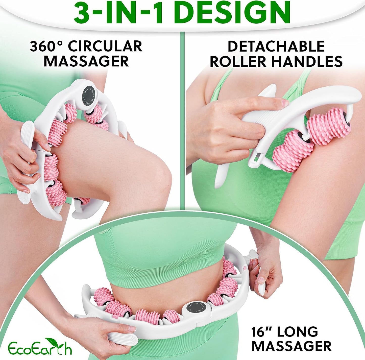 EcoEarth Cellulite Massage Roller - Handheld Fascia Massager with Detachable Handles - Anti Cellulite Tool for Legs, Thighs, Buttocks & Belly - Deep Tissue Muscle Roller for Lymphatic Drainage