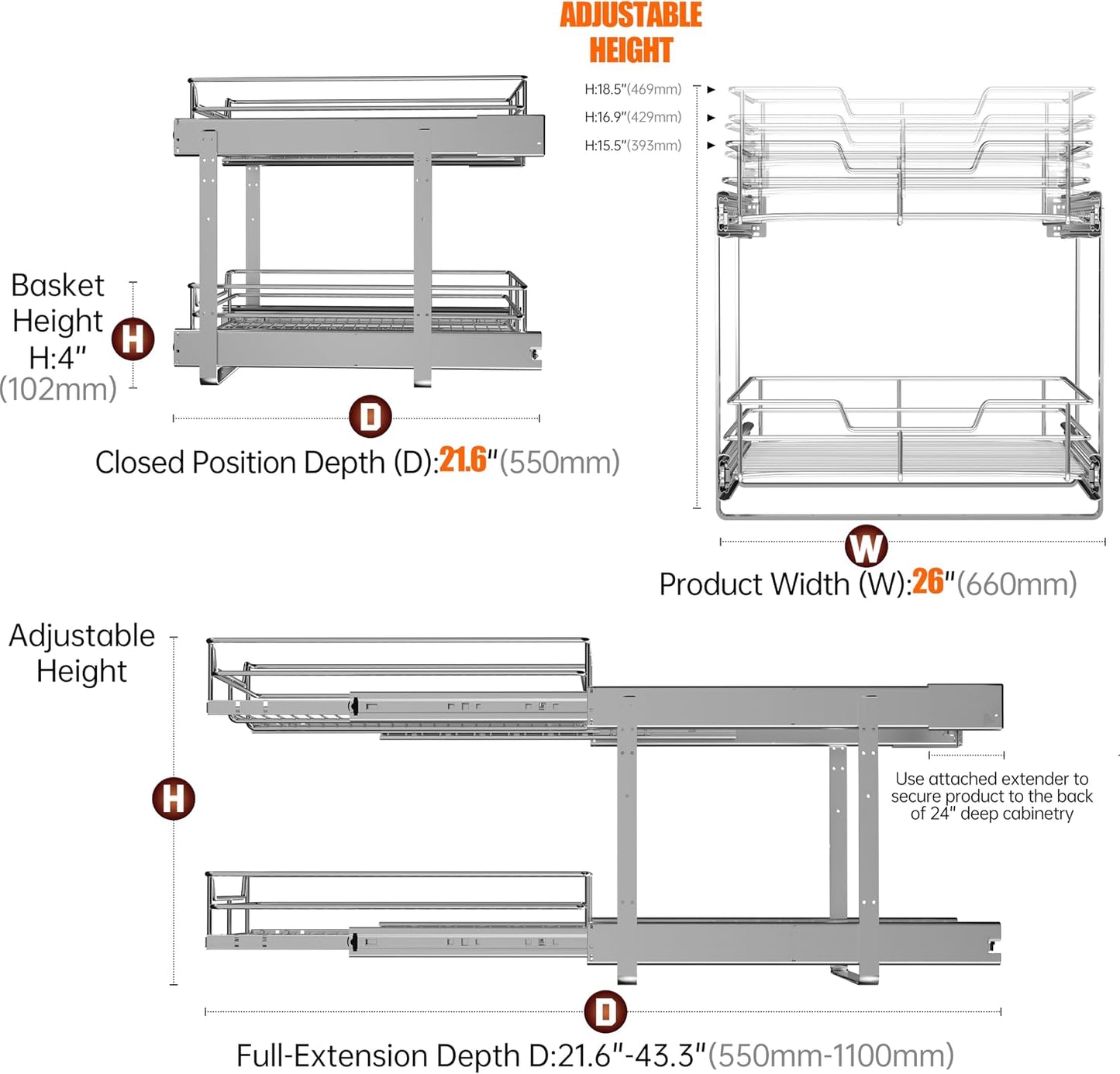 2-Tier Cabinet Pull Out Shelves, 14" W x 22" D, Chrome | Heavy-Gauge Wire Kitchen Cabinet Organizer, 100 lbs Capacity, Ball-Bearing Glides, Min 15" Opening, For Tupperware & Bowls