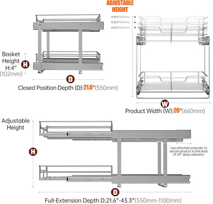 2-Tier Cabinet Pull Out Shelves, 14" W x 22" D, Chrome | Heavy-Gauge Wire Kitchen Cabinet Organizer, 100 lbs Capacity, Ball-Bearing Glides, Min 15" Opening, For Tupperware & Bowls