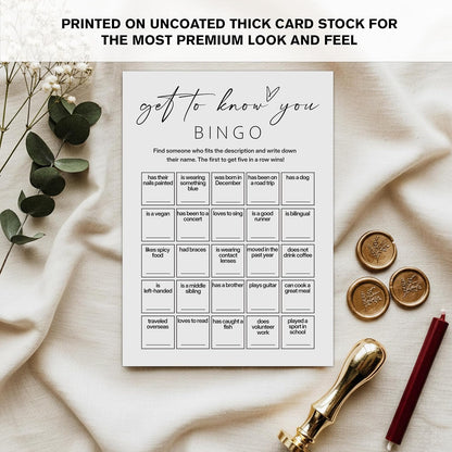 Find Someone Who Bingo Cards, 25 Unique Randomized 5x7 Sheets, Get to Know You Bingo Game for Adults, Ice Breaker Office Party Games, Team Building Games for Work, High Replay Value - A05