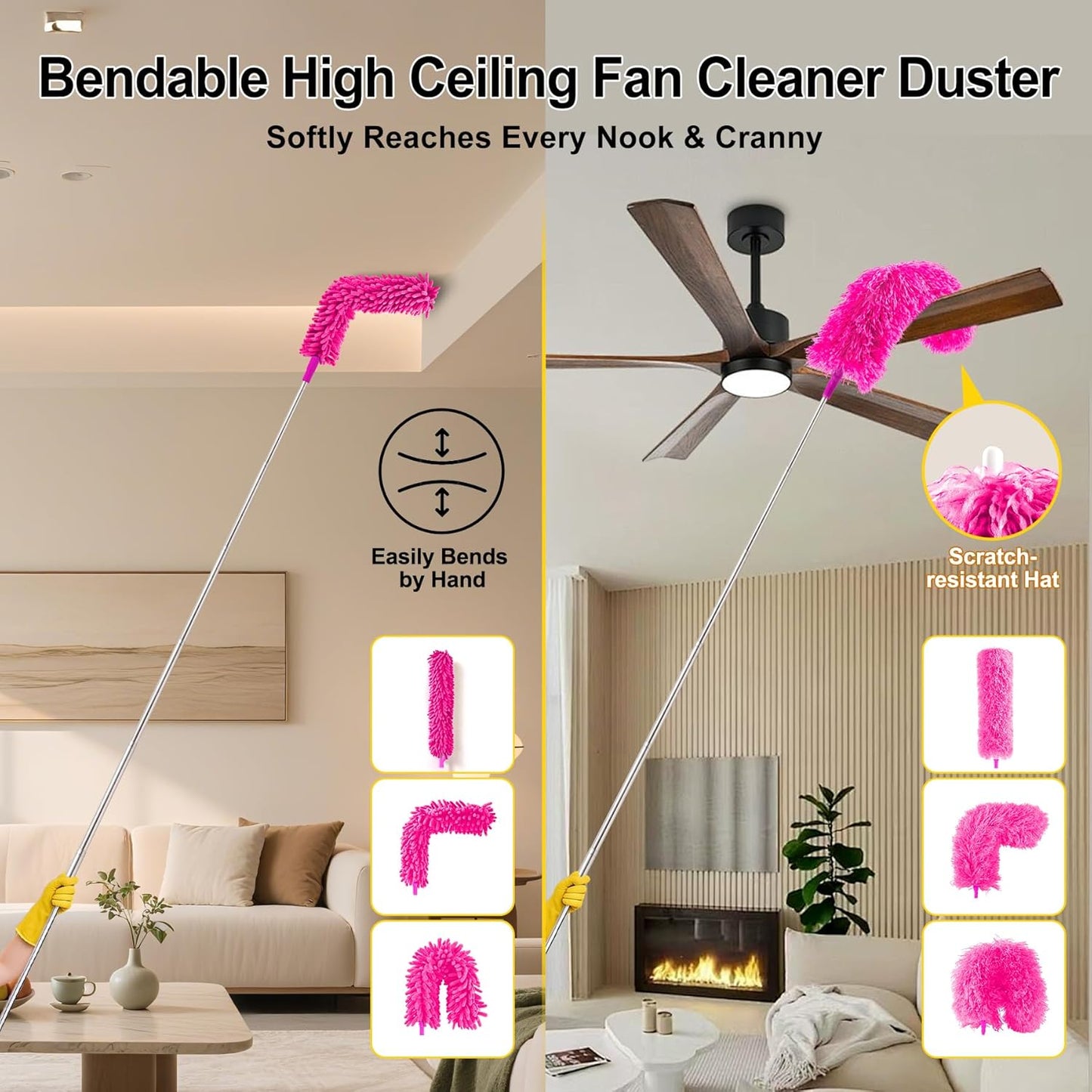 Tiumso Microfiber Feather Duster 5-in-1 Kit, Dusters for Cleaning, Duster with Extension Pole 100 Inches, Cobweb Duster, Microfiber Dusters for High Ceilings and Fans, Blinds, Cars and Furniture