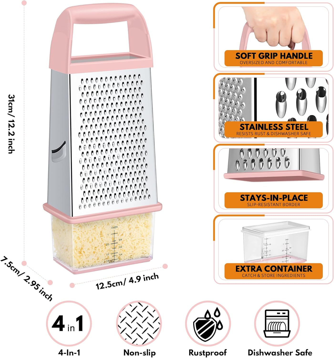 Urbanstrive Cheese Grater With Container Box Grater Stainless Steel Graters for Kitchen Cheese Shredder Parmesan Shredder Kitchen Gadgets Kitchen Tools Kitchen Gifts for Chef Dishwasher Safe Zester
