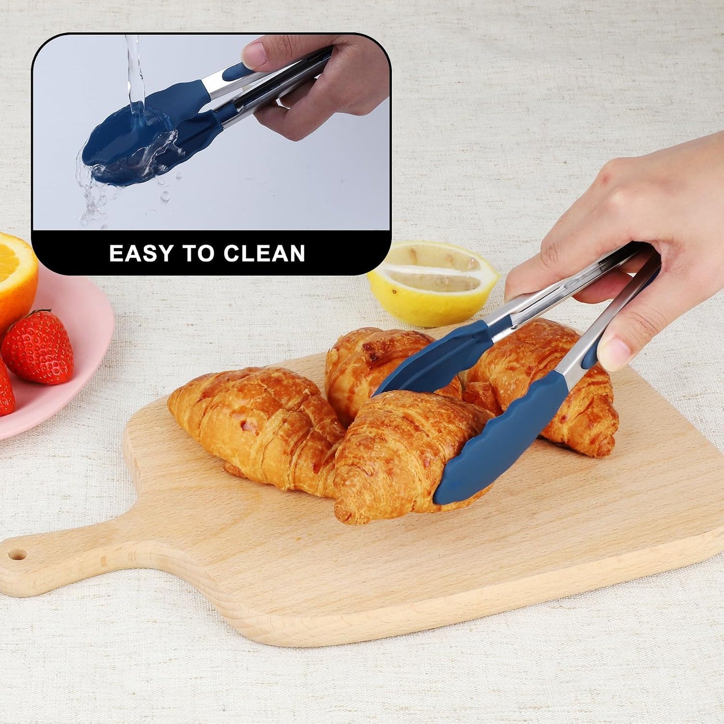 Hotec Mini Silicone Kitchen Tongs for Cooking - 7-Inch Small Serving Tongs with Silicone Tips, Set of 3 (Black,Grey,Light Blue)