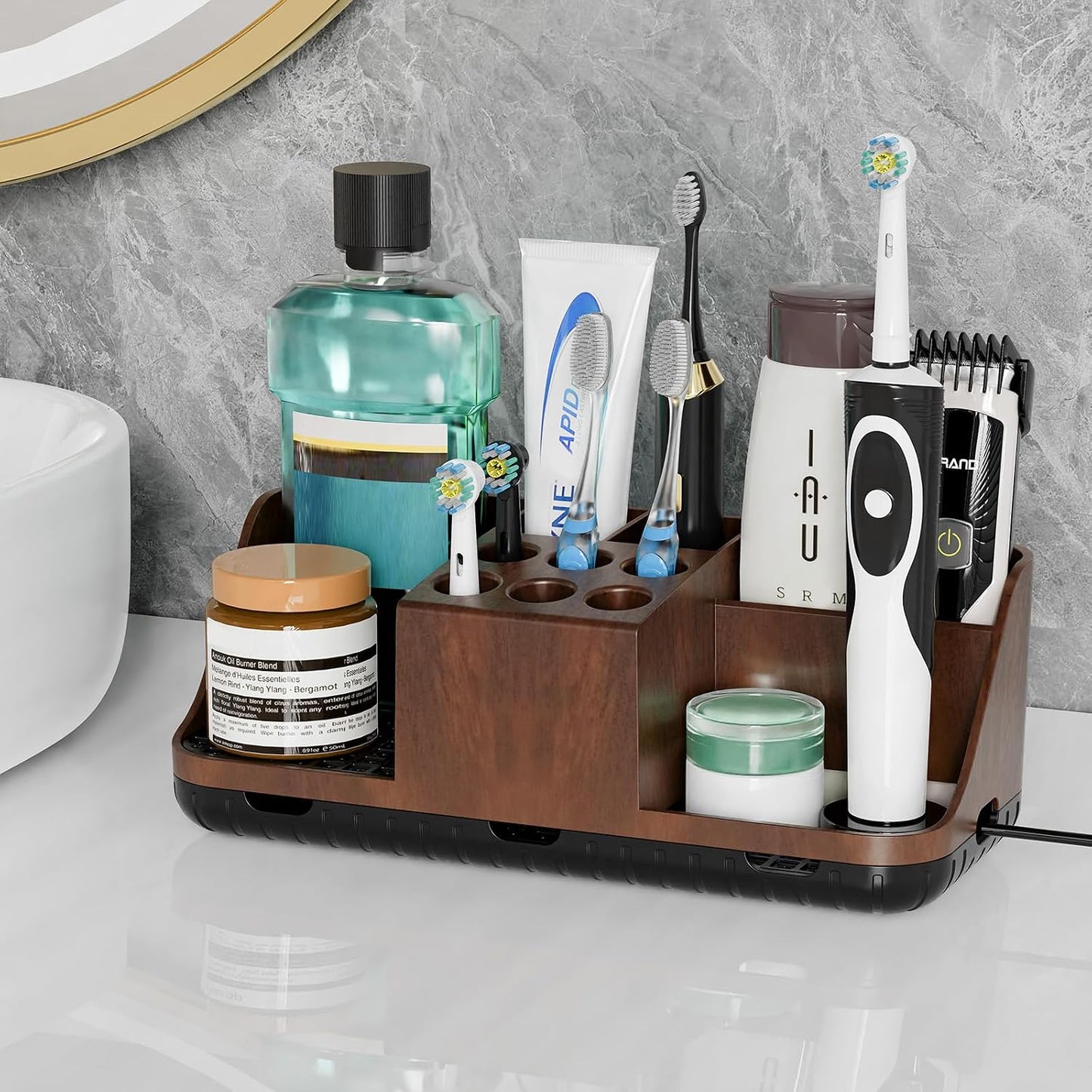 Boperzi Electric Toothbrush Holders with Cord Slots: Detachable Toothbrush and Toothpaste Holders, Large Tooth Brush Storage Caddy Set Drainage, Anti-Slip Bathroom Counter Organizer for Family, Kids