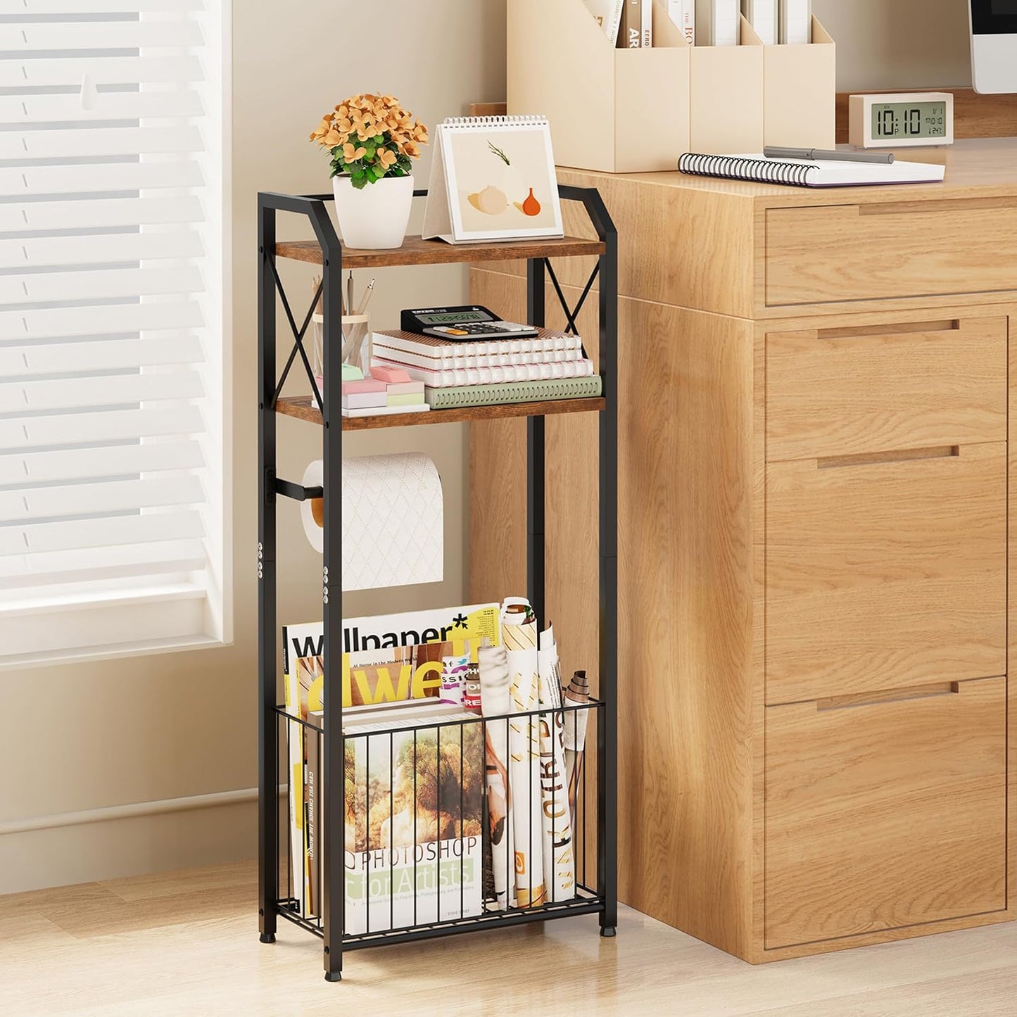 HapiRm Freestanding Toilet Paper Holder - 4-Tier Bathroom Tissue Organizer with Wood Shelves and Large Basket, Toilet Paper Holder Stand for Bathroom, Laundry Room, Apartment - Black（Large）