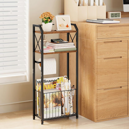 HapiRm Freestanding Toilet Paper Holder - 4-Tier Bathroom Tissue Organizer with Wood Shelves and Large Basket, Toilet Paper Holder Stand for Bathroom, Laundry Room, Apartment - Black（Large）