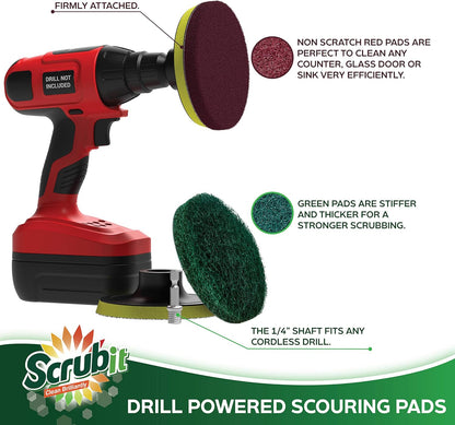 SCRUBIT Drill Brush Power Scouring Pads - Heavy Duty Tub and Tile Cleaner - Drill Scrubber Brush kit Includes Drill Attachment, 3 Red, 3 Stiff Green Scrubber Pads