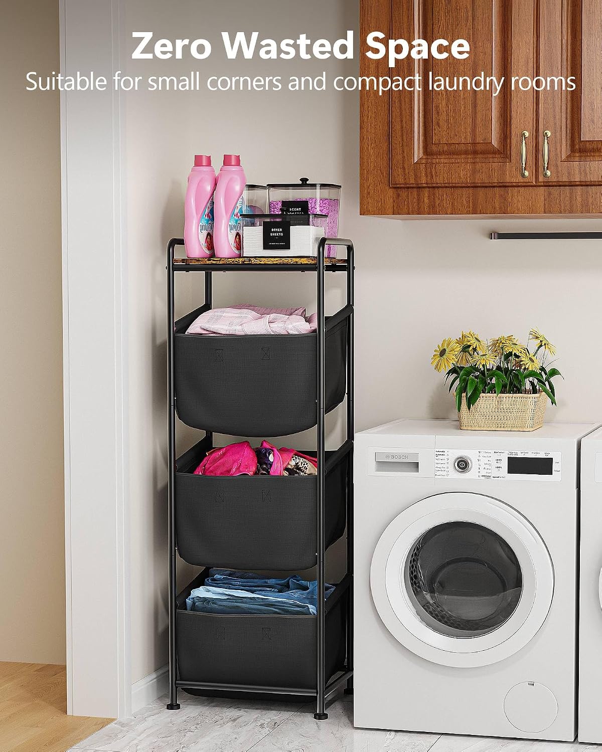3 Section Laundry Sorter with Removable Bags, 120L Rolling Vertical Laundry Hamper, Stackable Laundry Baskets organizer for Bathroom, Apartment, Dorm (Beige, With Wheel)