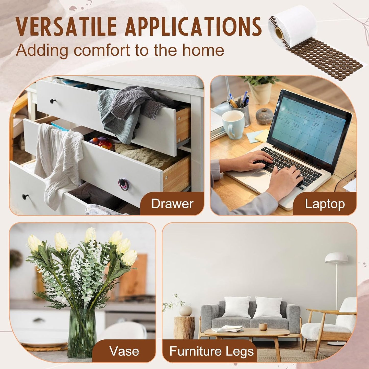 1000 Pcs 3/8" Self Adhesive Felt Furniture Pads Brown Cabinet Door Bumpers 1/8" Thick Small Felt Pads Round Furniture Feet Floor Protectors for Kitchen Chair Legs Hardwood Floors Coasters Drawers