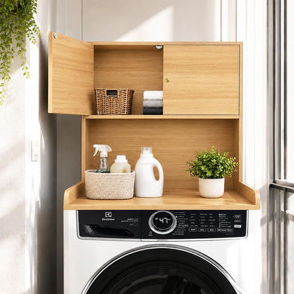 Laundry Storage & Organization (Oak) | Washer and Dryer Topper with Edge, Over Washer and Dryer Shelves for Laundry Room, Universal Fit, 27.5"Wx27.5"Dx29"H