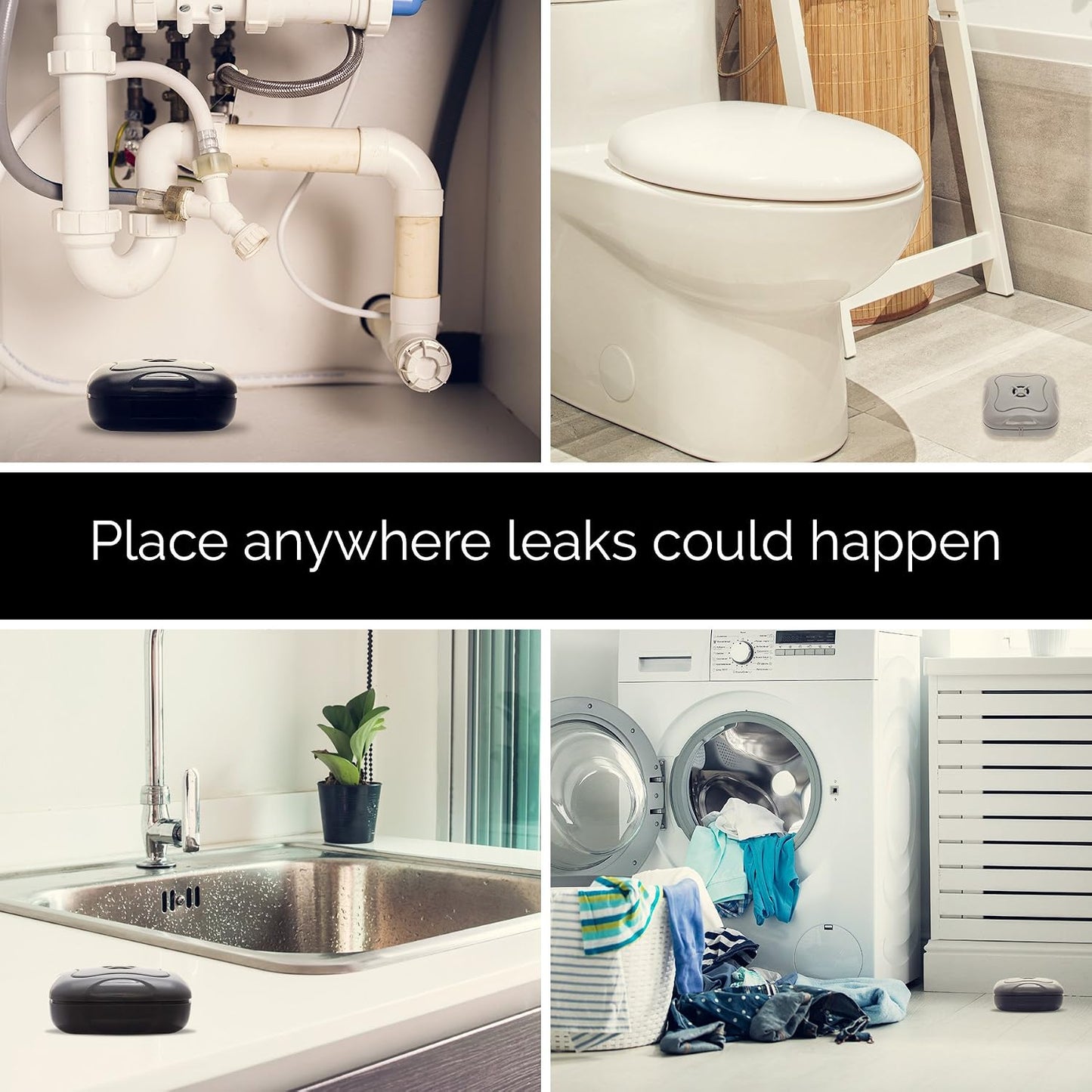 2 Pack Water Leak Detector - 95 dB Flood Detection Alarm Sensor for Bathrooms, Basements, Laundry Rooms, Garages, Attics and Kitchens by Mindful Design (White, 2 Pack)