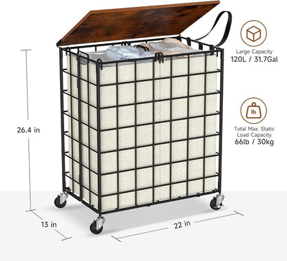 90L Laundry Basket with Wheels, Large Capacity Laundry Hamper with Removable Liner Bags, Heavy Duty Laundry Sorter with Solid Wood Lid & Leather Handles, Grey