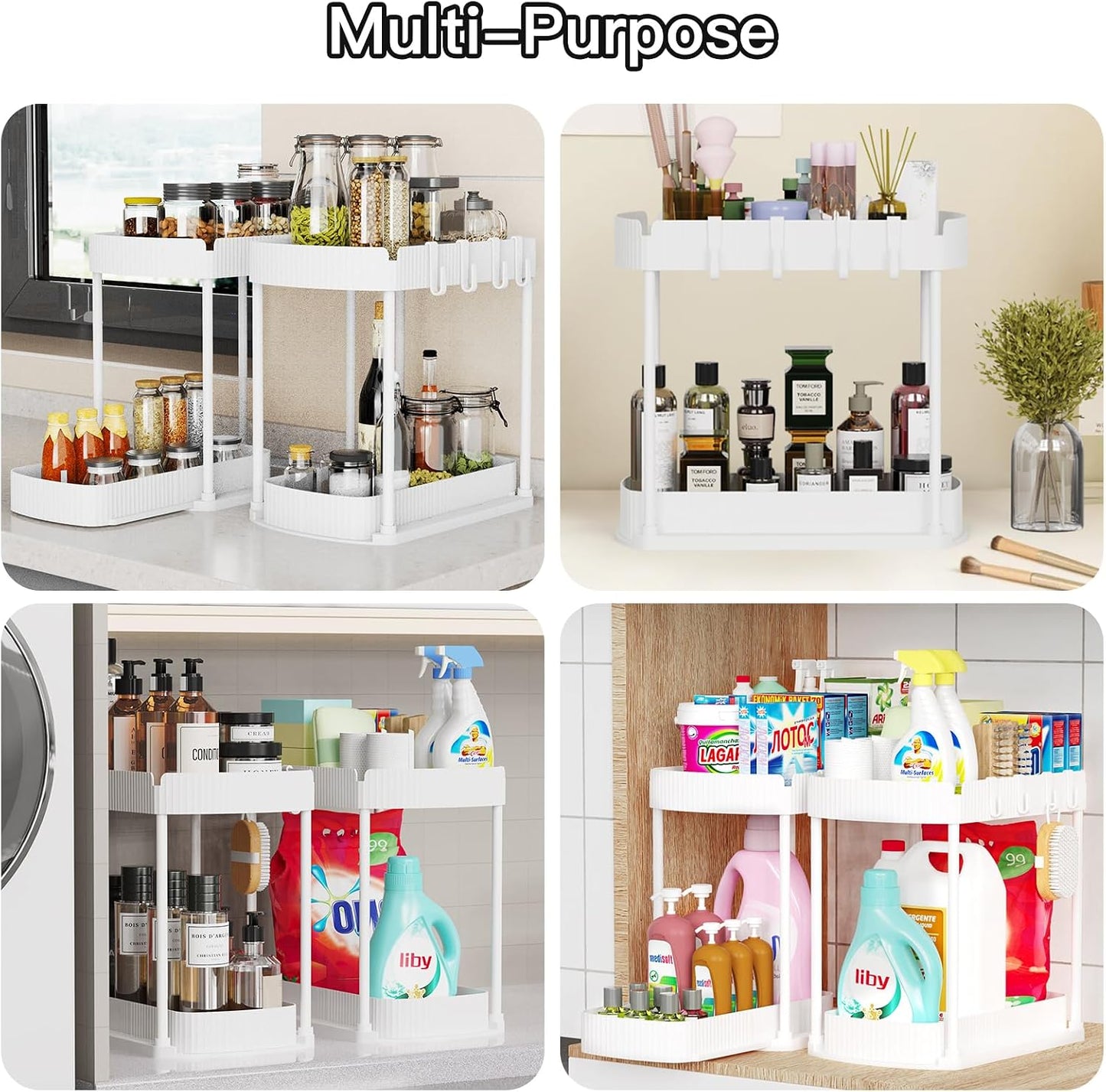 2 Packs Under Sink Pull-Out Storage Organizers, 12.8 Inches, Black | Multi-Purpose Cabinet Organizers and Storage for Bathroom & Kitchen
