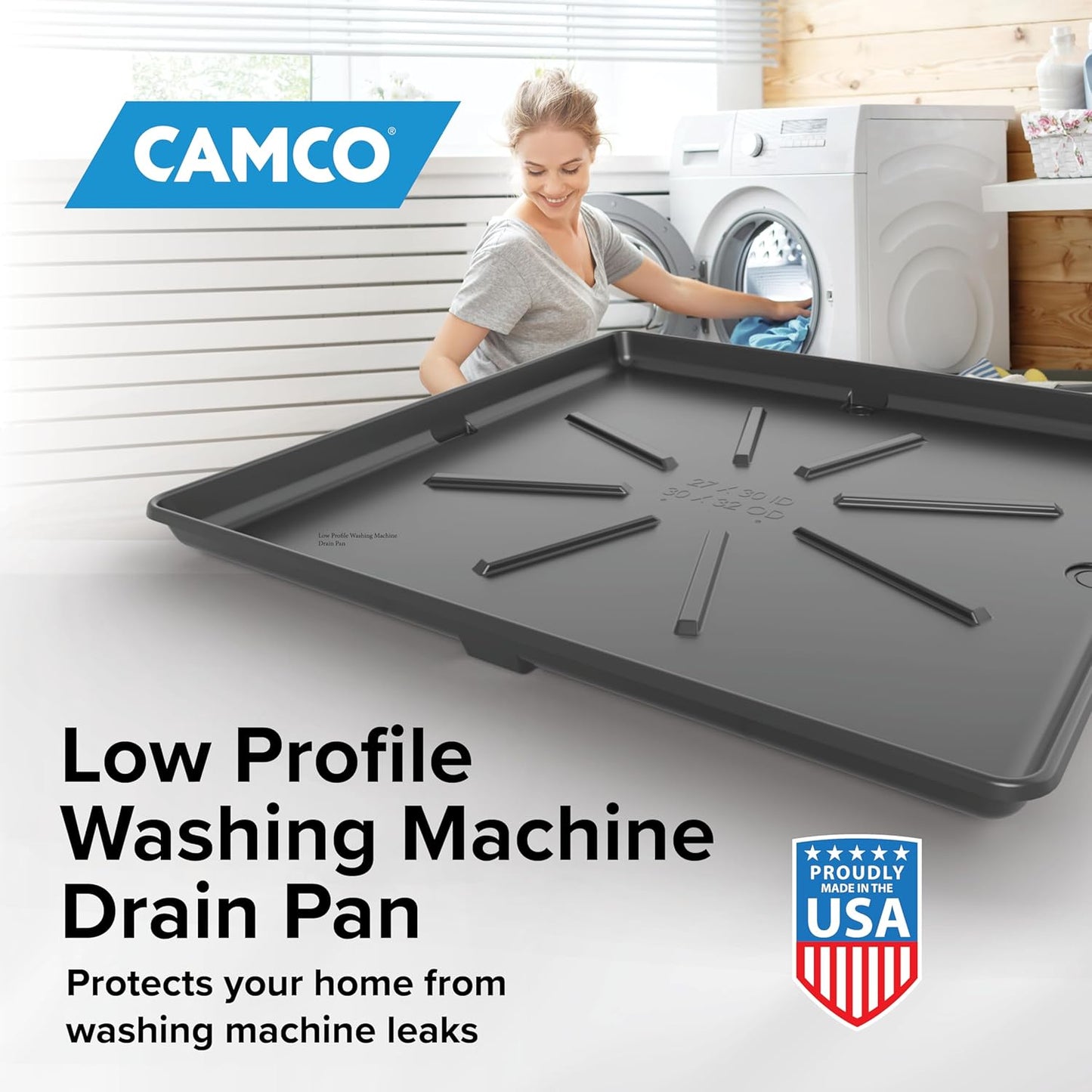 Camco Low Profile Washing Machine Drain Pan with PVC Fitting, 29 inch x 33 inch ID and 31 inch x 35 inch OD - Protects Your Floors from Washing Machine Leaks - Easy to Use - Pewter - 20788