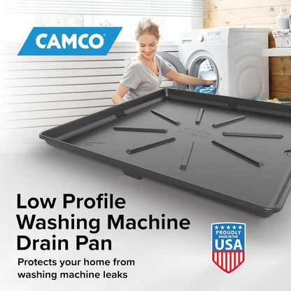 Camco Low Profile Washing Machine Drain Pan with PVC Fitting, 29 inch x 33 inch ID and 31 inch x 35 inch OD - Protects Your Floors from Washing Machine Leaks - Easy to Use - Pewter - 20788