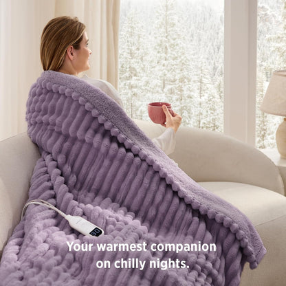 Bedsure Heated Blanket Electric Throw - Thick Striped Fast Heating Electric Blanket with Preheat Function, 6 Heat & 6 Timer (Up to 10H), 8H Auto Off, ETL Certified, Gifts for Women (50"x60", White)