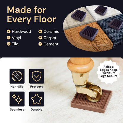 Non-Slip Furniture Pads - 4x4 in Brown, 4 Pack | Square rubber caster cups - anti-skid - Use for heavy sofas, beds & chairs on hardwood floors