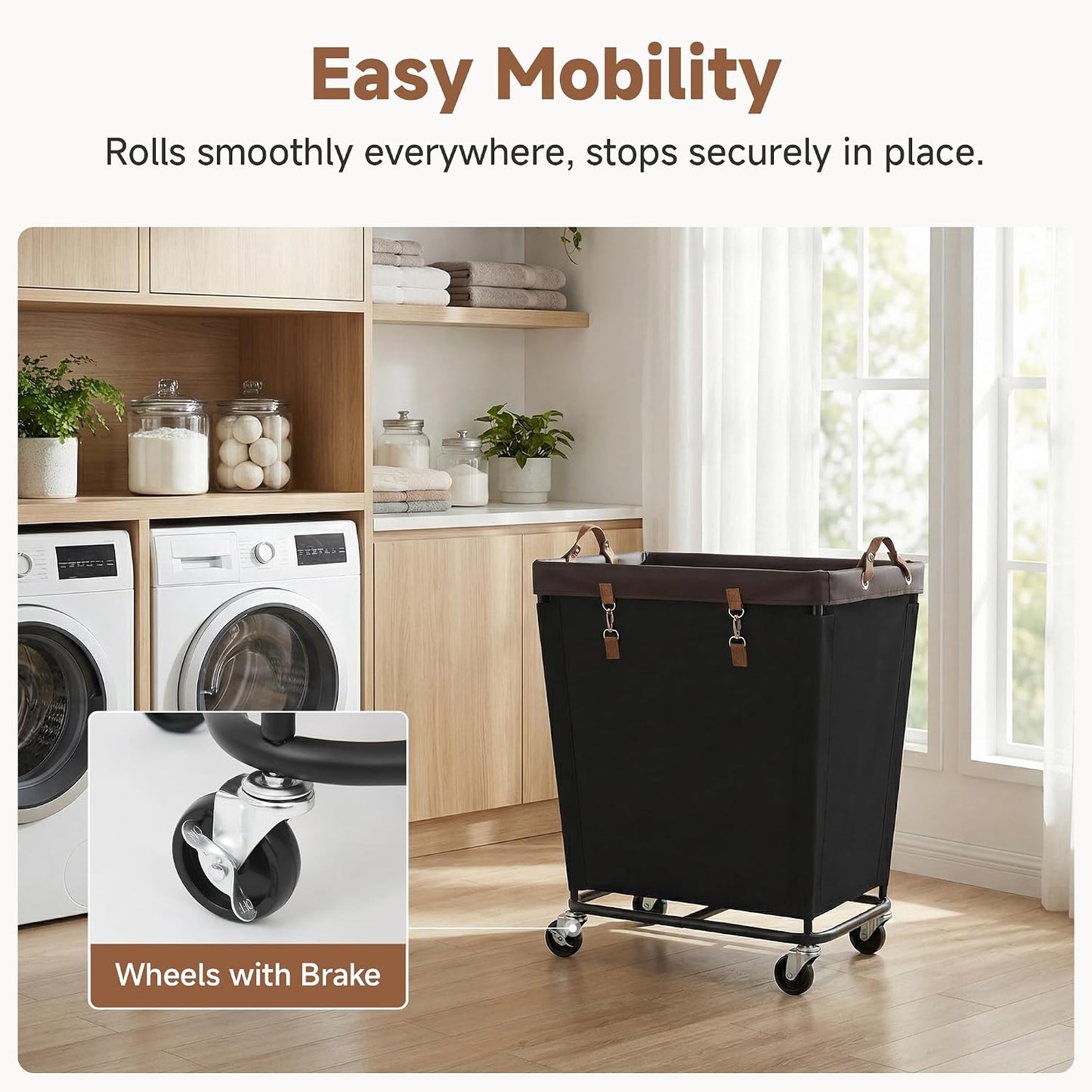 StorageWorks 160L Laundry Basket with Wheels, Rolling Hampers for Clothing | Beige Laundry Basket with Wheels, Metal Frame & Handles, Rolling Hamper for Bedroom, Bathroom, Dorm, Hotel