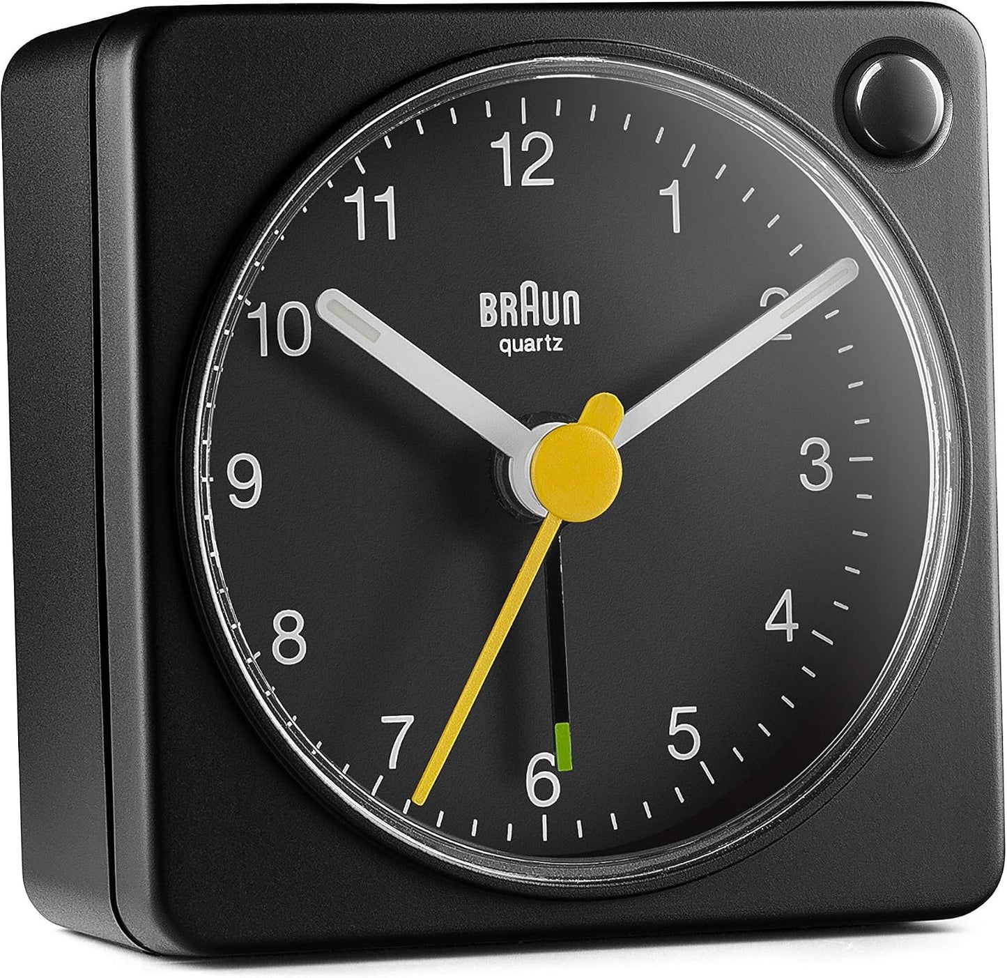 Braun Classic Travel Analogue Alarm Clock with Snooze and Light, Compact Size, Quiet Quartz Movement, Crescendo Beep Alarm in Black, Model BC02XB.