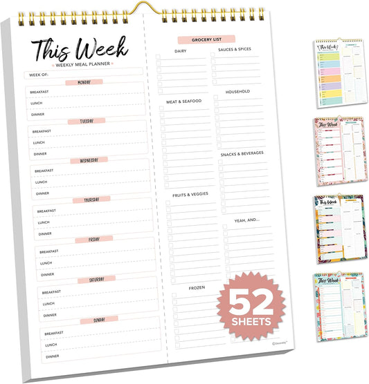 Decorably 52 Sheets Pastel Rainbow Undated Magnetic Weekly Meal Planner | 8.5x11in Grocery List Notepad Meal Planner with 4 Strong Magnets - Spring-Bound, Refrigerator Mountable, Easy Tear-Off Design