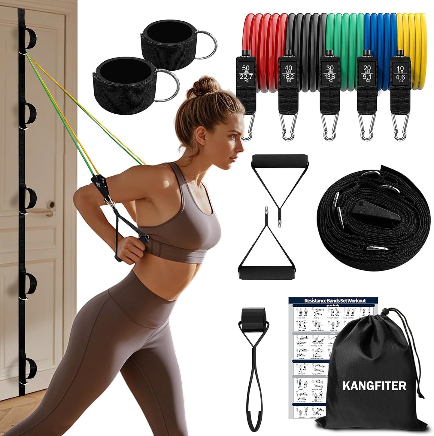 KANGFITER Door Anchor Strap & Resistance Bands for Working Out with Handles | Natural latex, 10-50 lbs, stackable to 150, Ankle Straps, Non-Slip Multi Point Attachment for Home Gym Fitness
