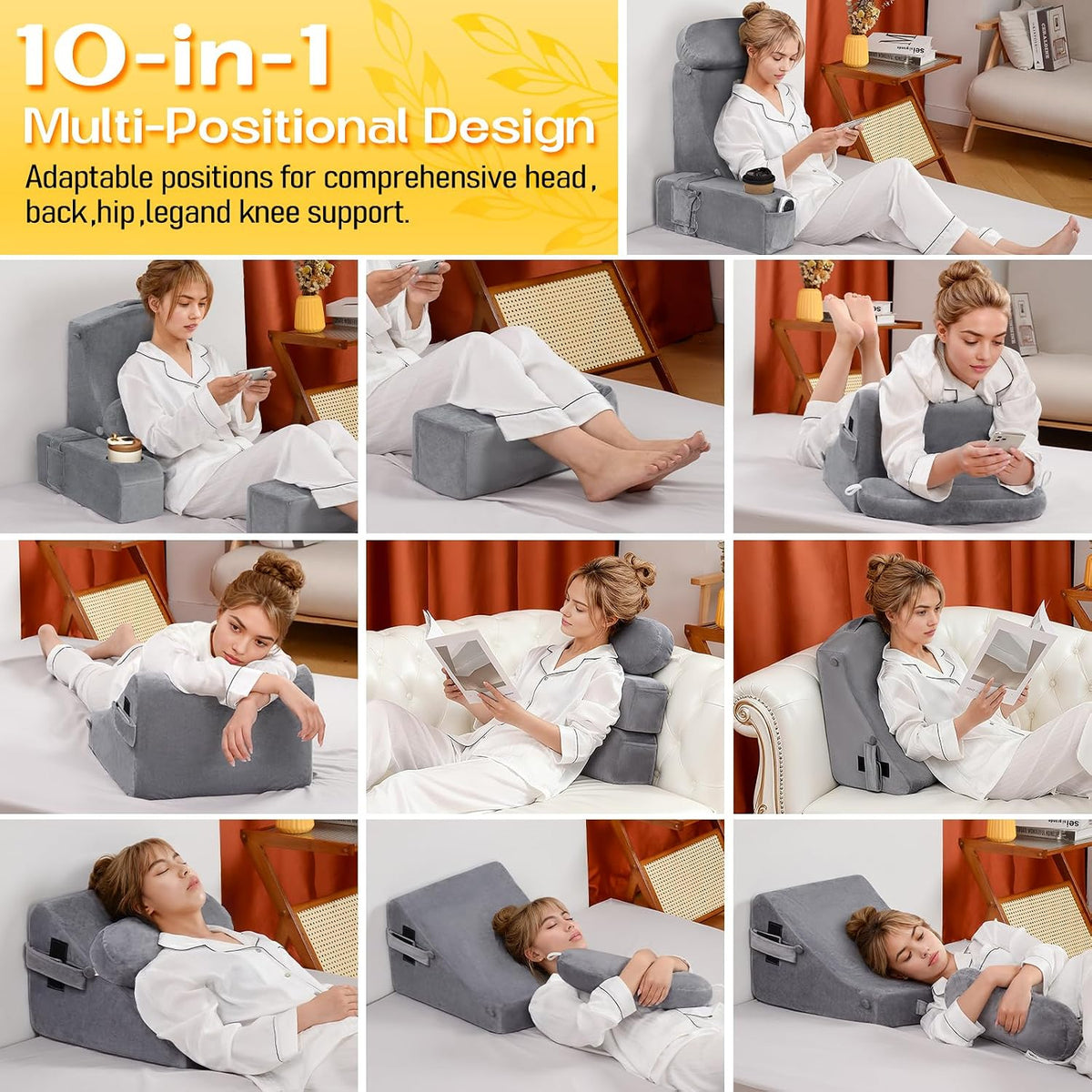 MOON PINE Reading Pillow for Adults, Memory Foam Backrest with Detachable Arms - Bed Pillow for Sitting Up, Built-in Cup Holder & Phone Pocket (Gray, 19 inch)