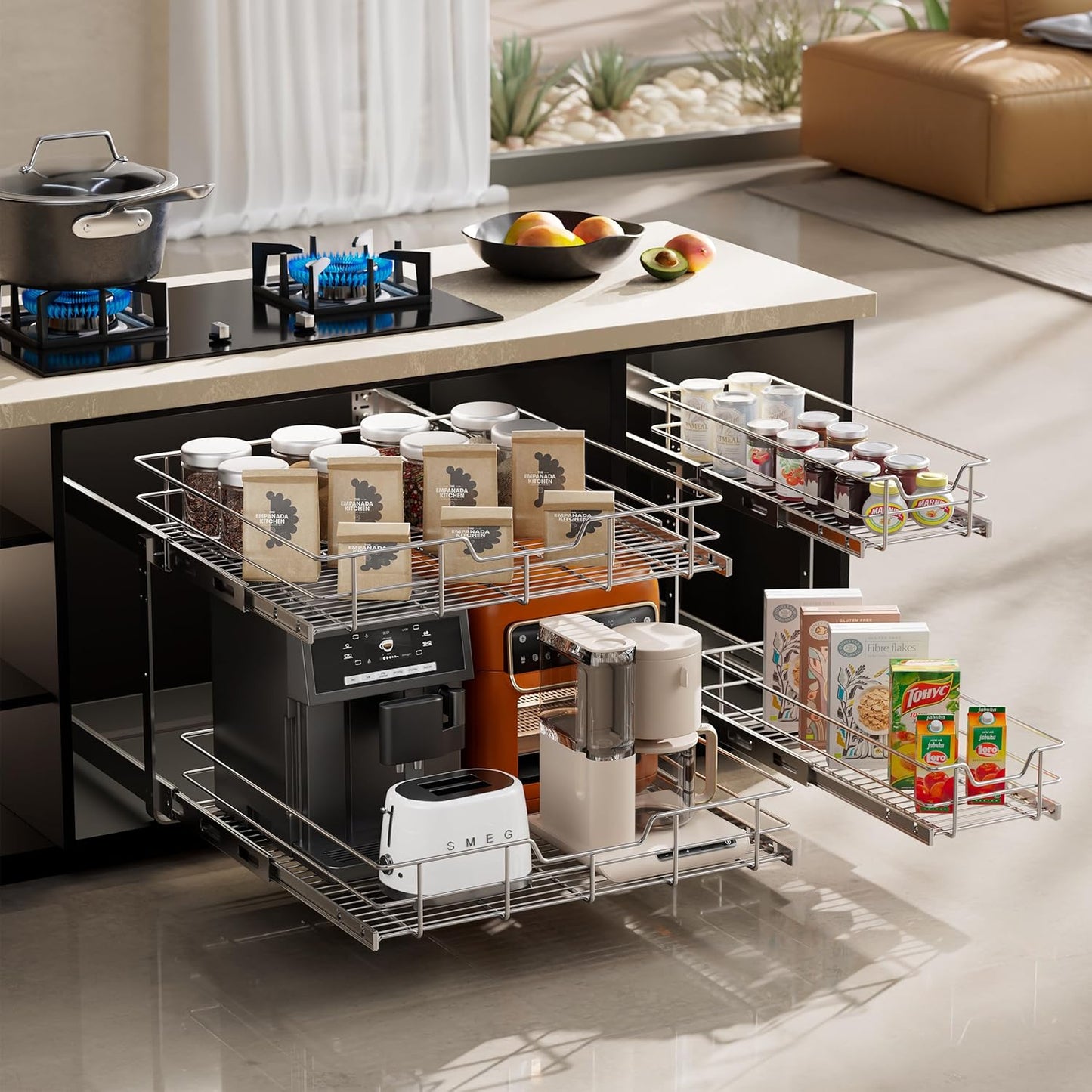 Pull Out Cabinet Organizer 15" W X 22" D, Chromed, Full Slide Out Drawers | For Kitchen Organizers and Storage, Pull Out Drawers For Cabinets Capacity Heavy Duty Caddy, Cabinet Shelves, Bathroom Pantry