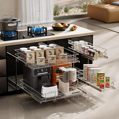 Pull Out Cabinet Organizer 15" W X 22" D, Chromed, Full Slide Out Drawers | For Kitchen Organizers and Storage, Pull Out Drawers For Cabinets Capacity Heavy Duty Caddy, Cabinet Shelves, Bathroom Pantry