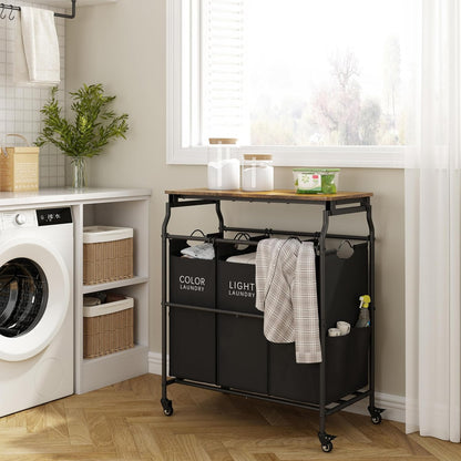Hoctieon 3 Section Laundry Sorter with Iorning Board, Laundry Hamper, Black | Lockable Wheels, Laundry Basket Organizer with Wheels, Heavy Duty Clothes Organizer, Large Clothes Separator, Removable Bags