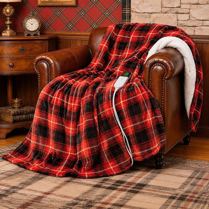 Heated Electric Blanket, Red Christmas Sherpa Plaid Throw Blanket