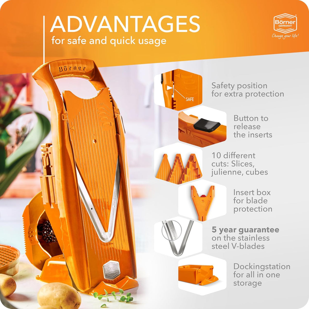 Mandoline Food Slicer Börner V5 (Profi Set) by Reston Lloyd • V-Slicer with 4 Inserts, Docking Station & Food Holder • Made in Germany • Fruit & Vegetable Chopper • Multiple Settings • Color: Lime
