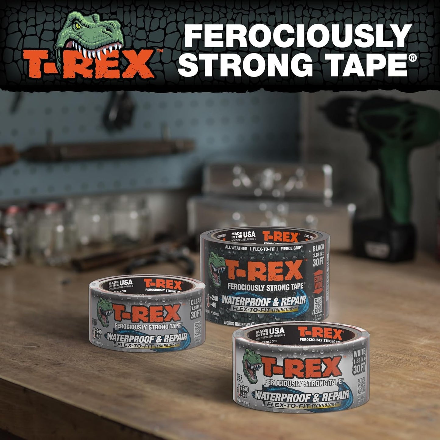 T-REX Waterproof and Repair Tape,1.88" x 30 ft, Ferociously Strong, Extreme Weather & UV Resistant Pool Repair Tape, Works Underwater & Sticks to Wet Surfaces, White, (Pack of 1)