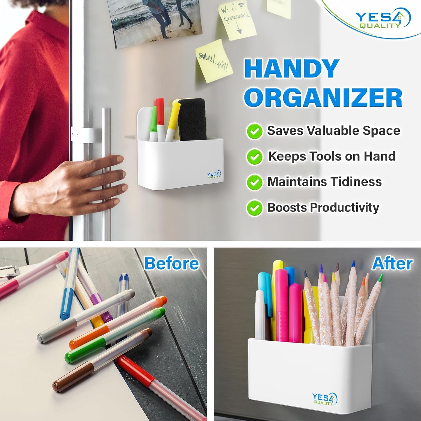 YES4QUALITY Magnetic Pen Holder with Strong Magnetic Back & 2 Compartments, Dry Erase Marker Holder for Whiteboard, Fridge & Locker, White Pencil Holder