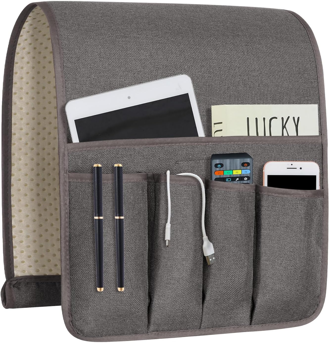 Remote Control Holders for Armchairs, Couch Caddy, Featuring Non-Slip Bases | 5 Pockets Bedside Storage Pocket for TV Remote Holder, Phone Tablet Kindle, Magazines, Gifts for Seniors (Beige, 35"X12.4")