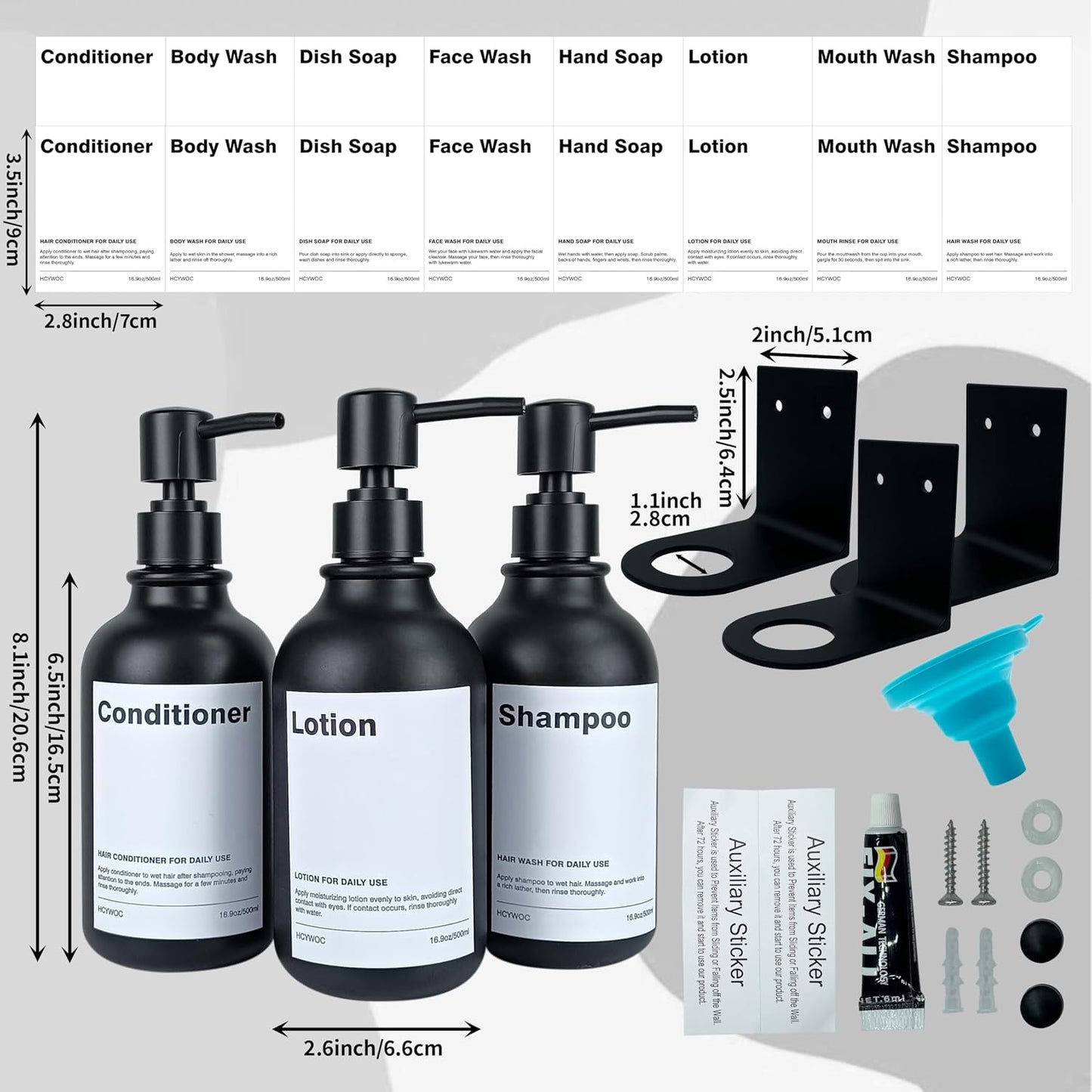 3 Pack Wall Mount Shower Dispenser, No Drill, 16 Waterproof Labels | Shampoo Dispenser for Shower Wall, Shampoo and Conditioner Dispenser, Bathroom, 17oz, Gold Amber